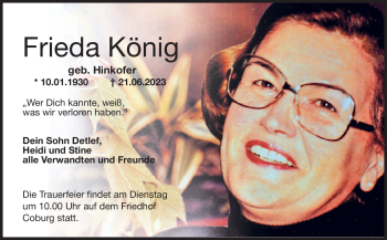 Traueranzeige von Frieda König von Neue Presse Coburg
