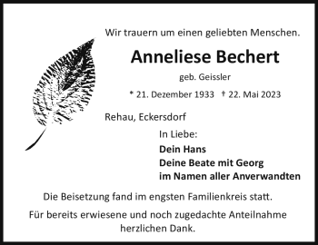 Traueranzeige von Anneliese Bechert von Frankenpost