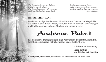 Traueranzeige von Andreas Pabst von Südthüringer Presse