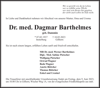 Traueranzeige von Dagmar Barthelmes von Südthüringer Presse