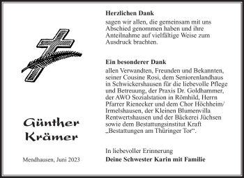 Traueranzeige von Günther Krämer von Südthüringer Presse
