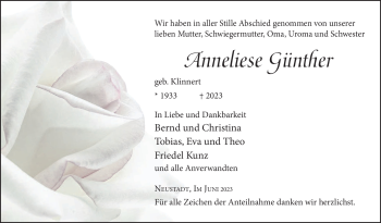 Traueranzeige von Anneliese Günther von Neue Presse Coburg