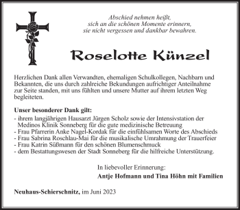 Traueranzeige von Roselotte Künzel von Südthüringer Presse