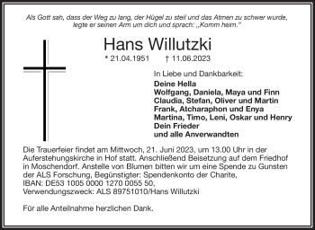 Traueranzeige von Hans Willutzki von Frankenpost