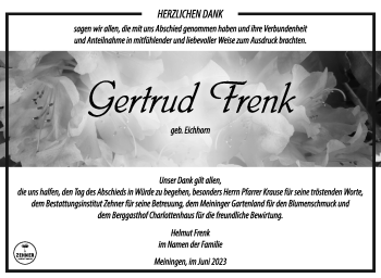 Traueranzeige von Gertrud Frenk von Südthüringer Presse