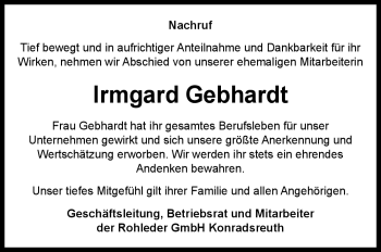 Traueranzeige von Irmgard Gebhardt von Frankenpost
