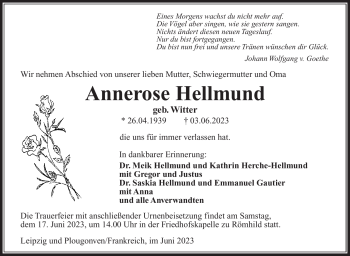 Traueranzeige von Annerose Hellmund von Südthüringer Presse