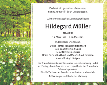 Traueranzeige von Hildegard Müller von Südthüringer Presse