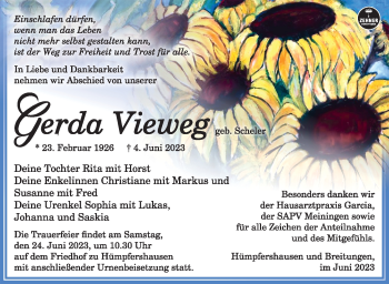 Traueranzeige von Gerda Vieweg von Südthüringer Presse