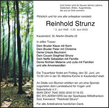 Traueranzeige von Reinhold Strunz von Frankenpost