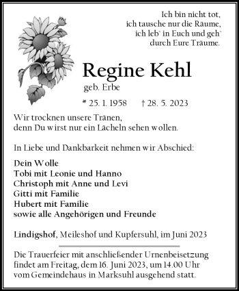 Traueranzeige von Regine Kehl von Südthüringer Presse