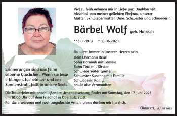 Traueranzeige von Bärbel Wolf von Südthüringer Presse