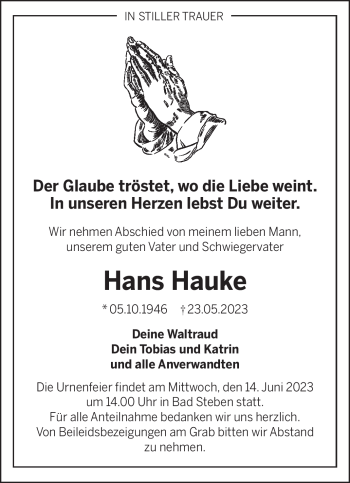 Traueranzeige von Hans Hauke von Frankenpost