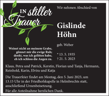 Traueranzeige von Gislinde Höhn von Frankenpost