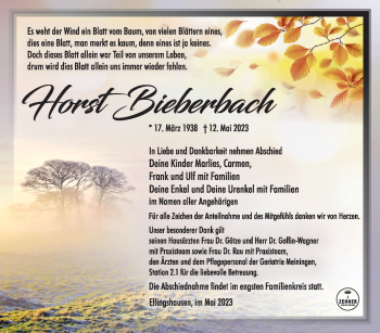 Traueranzeige von Horst Bieberbach von Südthüringer Presse