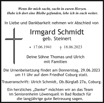 Traueranzeige von Irmgard Schmidt von Neue Presse Coburg