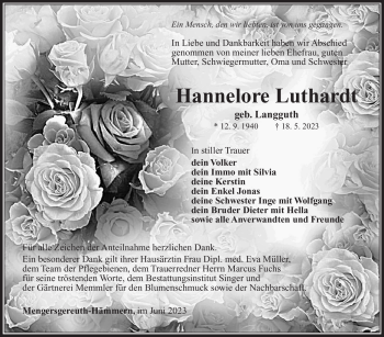 Traueranzeige von Hannelore Luthardt von Südthüringer Presse