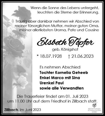 Traueranzeige von Elsbeth Töpfer von Südthüringer Presse