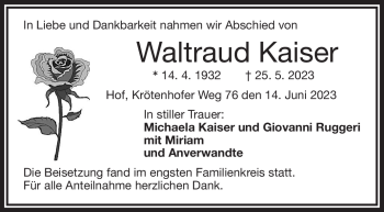 Traueranzeige von Waltraud Kaiser von Frankenpost