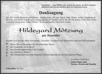 Traueranzeige von Hildegard Mötzung von Südthüringer Presse