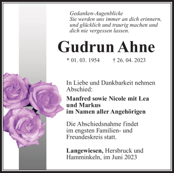 Traueranzeige von Gudrun Ahne von Südthüringer Presse