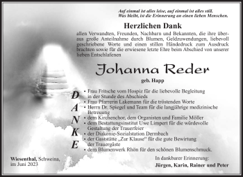 Traueranzeige von Johanna Reder von Südthüringer Presse