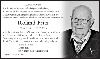 Traueranzeige von Roland Fritz von Südthüringer Presse