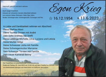Traueranzeige von Egon Krieg von Südthüringer Presse