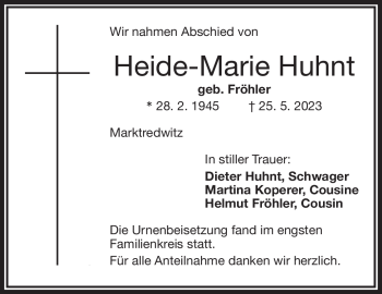 Traueranzeige von Heide-Marie Huhnt von Frankenpost