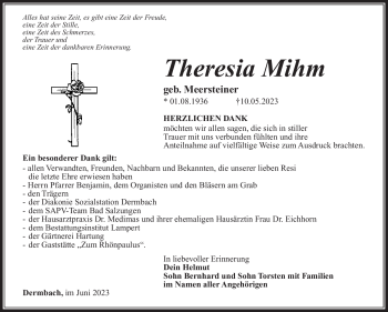 Traueranzeige von Theresia Mihm von Südthüringer Presse