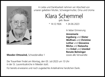 Traueranzeige von Klara Schemmel von Neue Presse Coburg