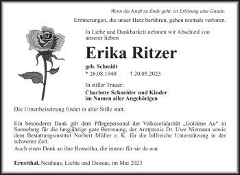 Traueranzeige von Erika Ritzer von Südthüringer Presse