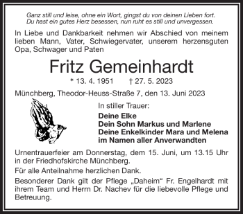 Traueranzeige von Fritz Gemeinhardt von Frankenpost