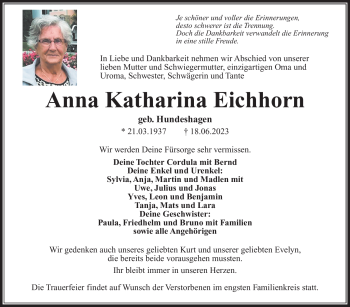 Traueranzeige von Anna Katharina Eichhorn von Südthüringer Presse