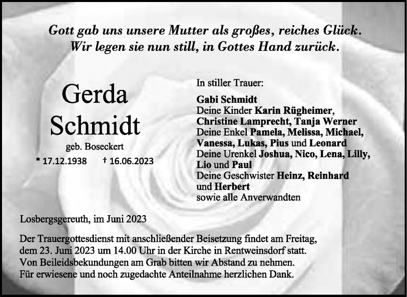  Traueranzeige für Gerda Schmidt vom 21.06.2023 aus Neue Presse Coburg