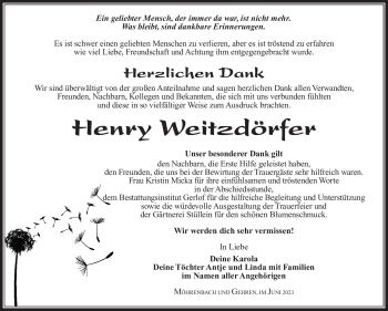 Traueranzeige von Henry Weitzdörfer von Südthüringer Presse