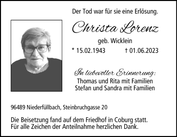 Traueranzeige von Christa Lorenz von Neue Presse Coburg
