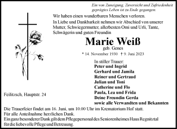 Traueranzeige von Marie Weiß von Frankenpost