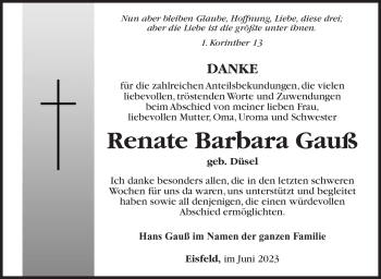 Traueranzeige von Renate Gauß von Südthüringer Presse