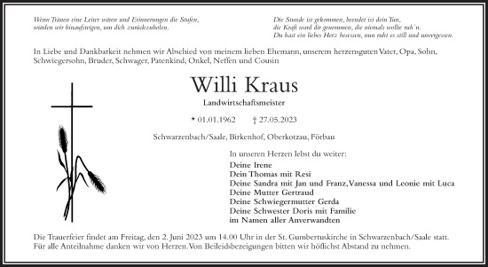 Traueranzeige von Willi Kraus von Frankenpost