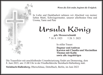 Traueranzeige von Ursula König von Südthüringer Presse