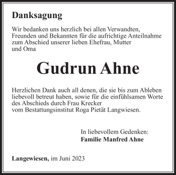 Traueranzeige von Gudrun Ahne von Südthüringer Presse