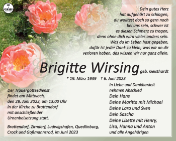 Traueranzeige von Brigitte Wirsing von Südthüringer Presse