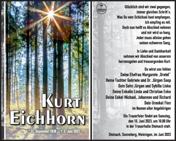 Traueranzeige von Kurt Eichhorn von Südthüringer Presse