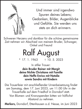 Traueranzeige von Ralf August von Südthüringer Presse