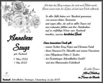 Traueranzeige von Anneliese Szugs von Südthüringer Presse