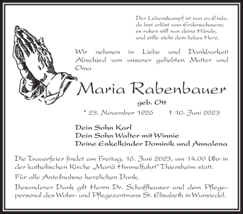 Traueranzeige von Maria Rabenbauer von Frankenpost