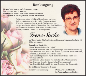Traueranzeige von Irene Sachs von Südthüringer Presse