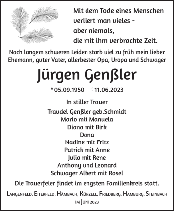 Traueranzeige von Jürgen Genßler von Südthüringer Presse