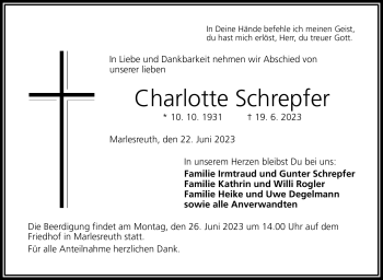 Traueranzeige von Charlotte Schrepfer von Frankenpost